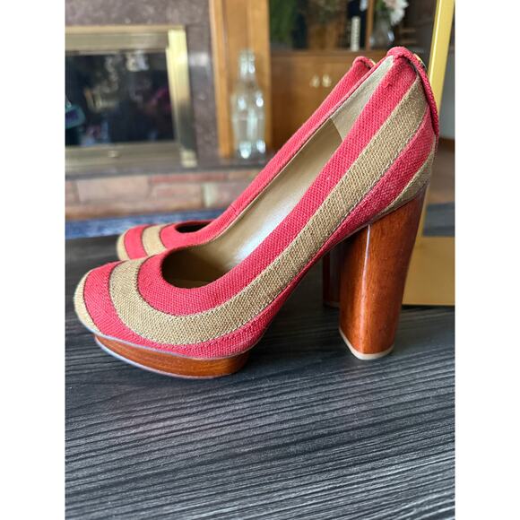 Vintage TORY BURCH JOELLE PLATFORM LINEN PUMP HEEL STRIPED RED/TAN SHOES Sz. 7 - Picture 9 of 9